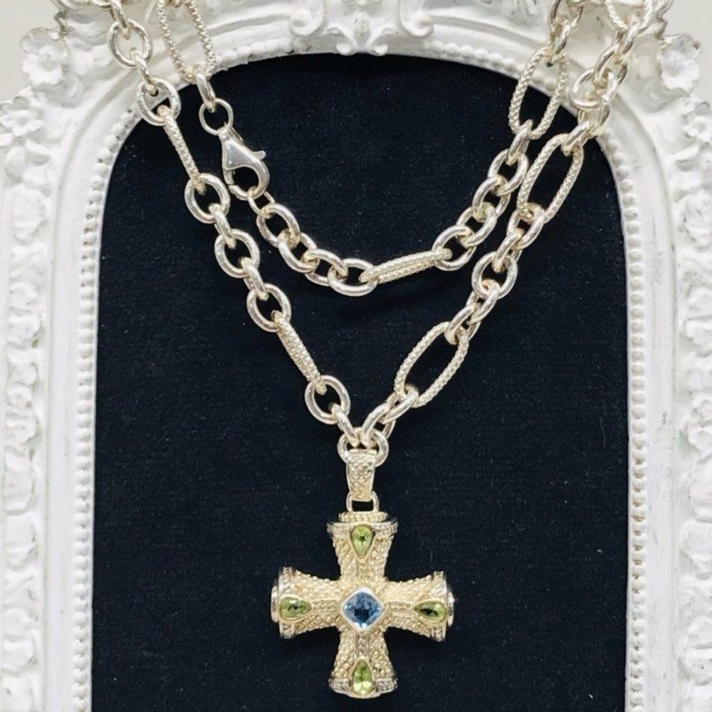 Judith Ripka Sterling Silver Cross Enhancer Aquamarine & Peridot Gemstones - Picture 14 of 14
